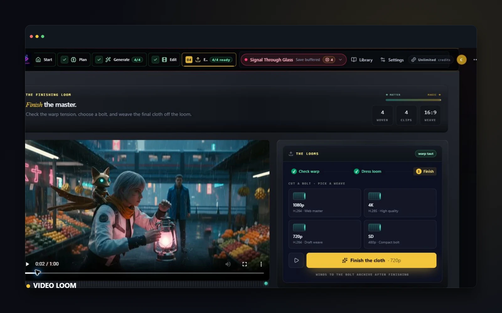 Video Loom production workspace used for planning routes, AI video notes, and starter briefs