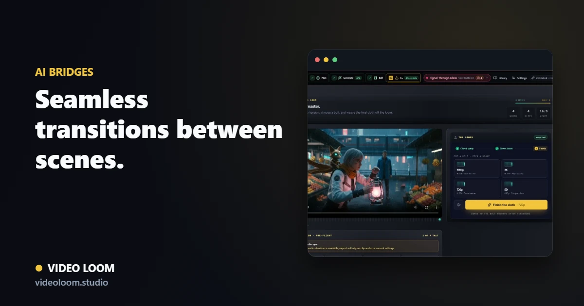 Video Loom timeline with an AI bridge transition between two scenes