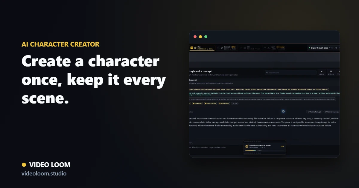 Video Loom character creator with a locked cast reference reused across generated scenes