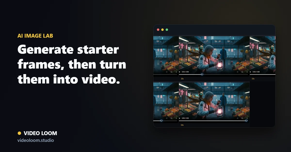 Video Loom image lab generating start frames that feed directly into image-to-video scenes