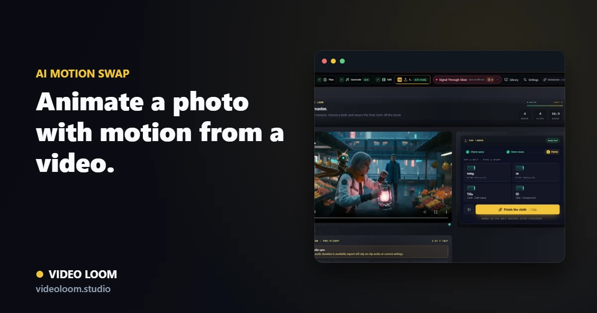 Video Loom motion swap workflow with a source photo, driver video, and generated performance take