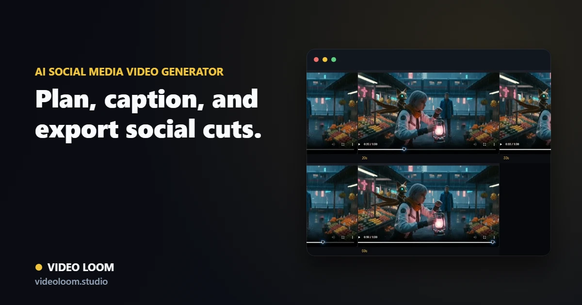 Video Loom social media video project with platform cuts, captions, references, and export controls