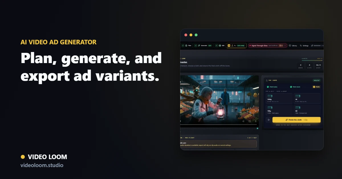 Video Loom ad-video storyboard with hook variants, product proof, captions, and export path
