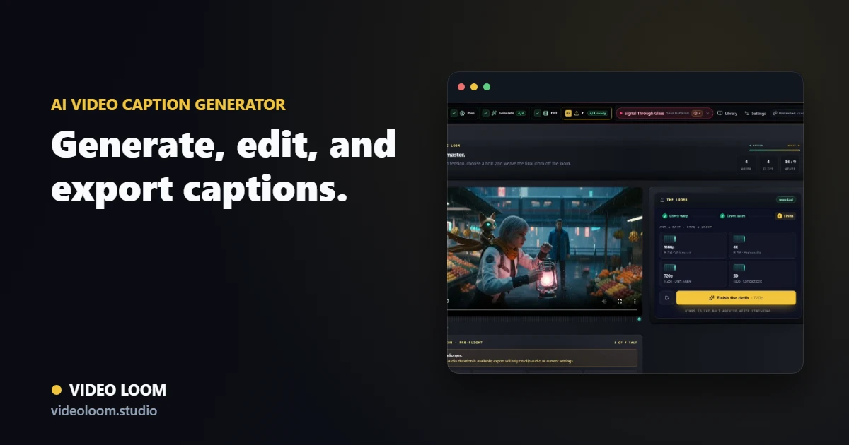 Video Loom caption editor with cue timing, quality checks, subtitle formats, and export controls