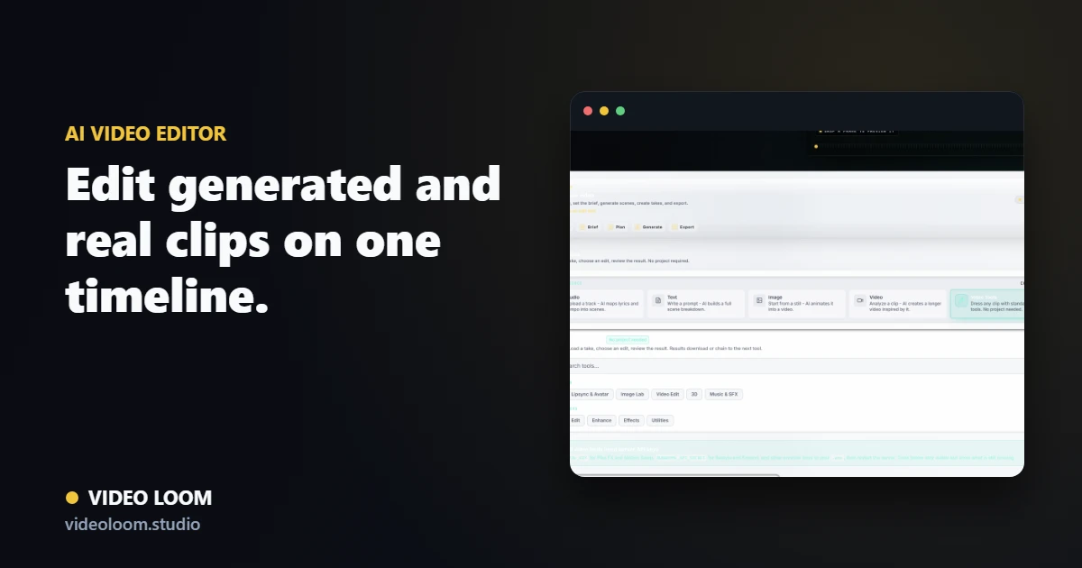Video Loom timeline editor combining generated takes and imported footage