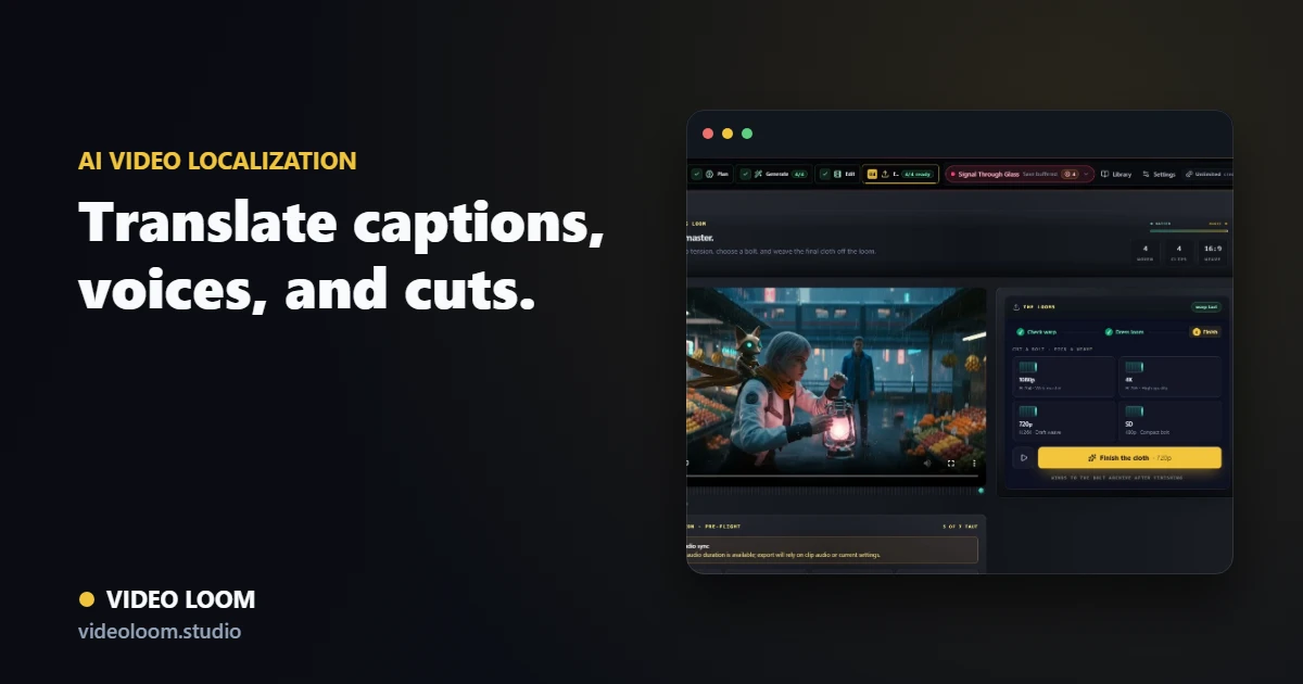 Video Loom localization workflow with transcript, translated captions, voice map, lip-sync review, and export controls