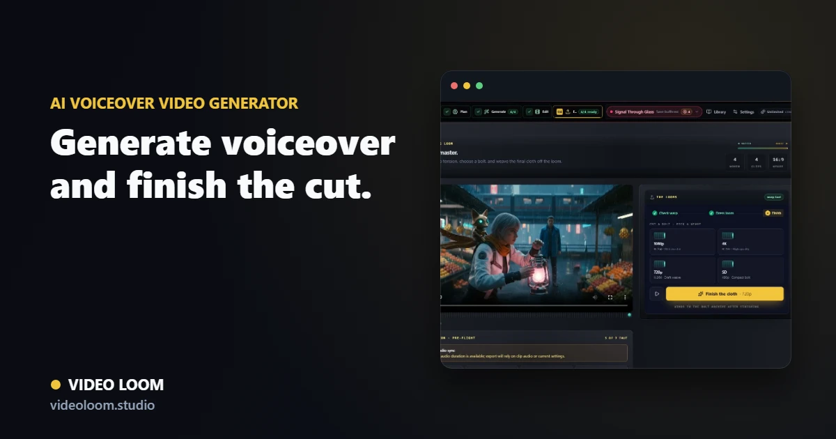 Video Loom voiceover workflow with TTS voice selection, narration timing, captions, and export controls