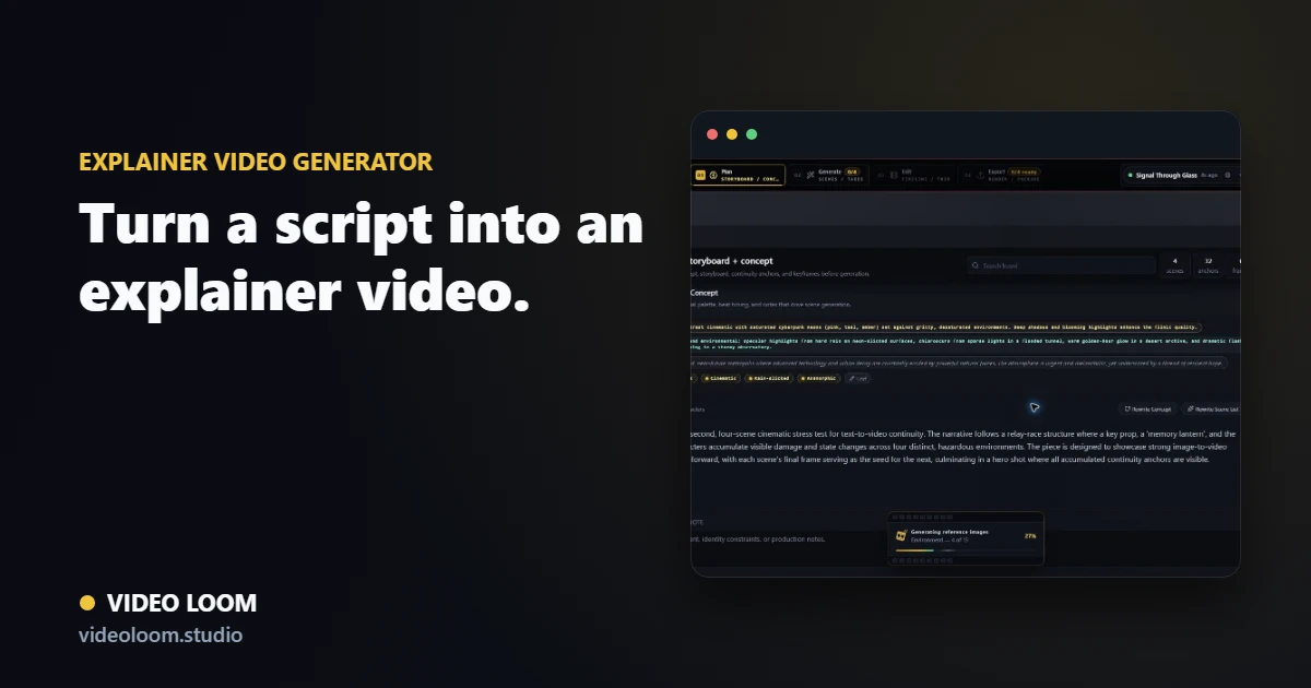 Video Loom explainer-video storyboard with voiceover and caption scenes
