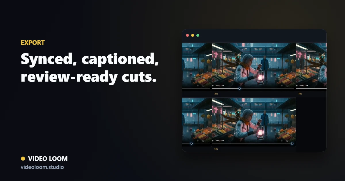 Video Loom export workspace with format, caption, and render controls