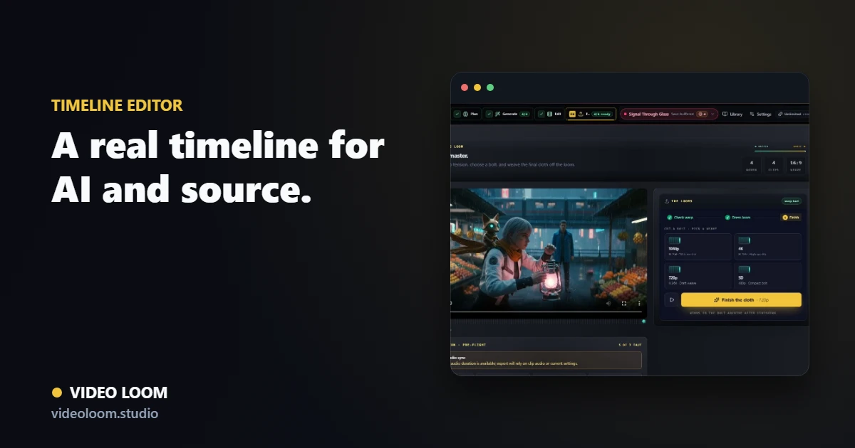 Video Loom NLE timeline with generated and source clips and a playhead