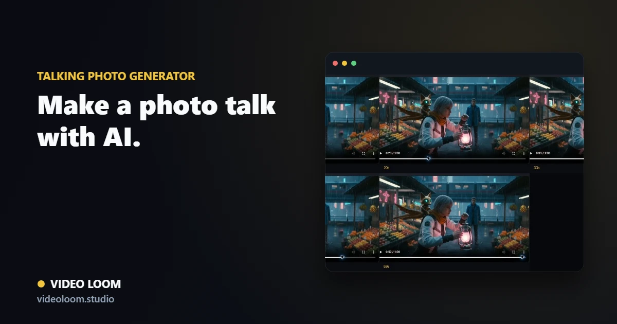 Video Loom talking photo workflow with a portrait image, script, lip sync, and export review