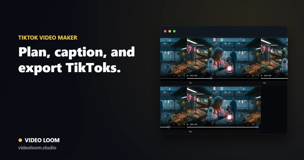 Video Loom TikTok video project with hook scenes, captions, vertical framing, and export controls