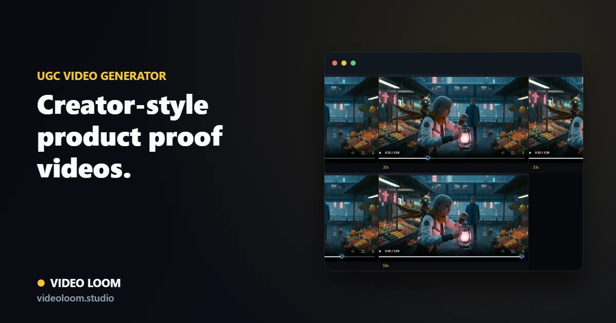 Video Loom UGC product-video storyboard with creator hooks, product proof, captions, and vertical export controls